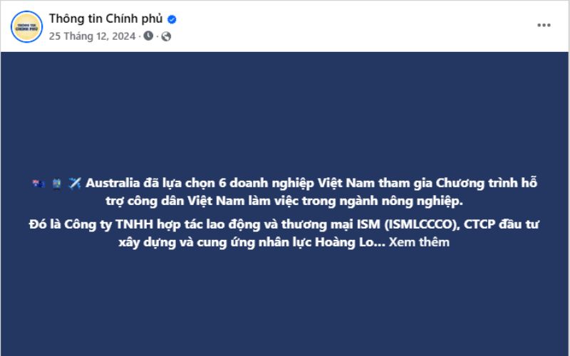 Công ty TNHH Hợp tác Lao động và Thương mại ISM là doanh nghiệp đầu tiên trong 6 doanh nghiệp được chính phủ Việt Nam và chính phủ Úc lựa chọn là đơn vị đưa lao động sang Úc làm việc.